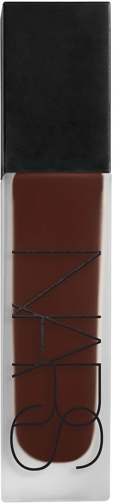 A bottle of NARS liquid lipstick with a black cap on a black background.