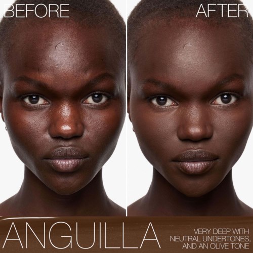 A photo shows a woman before and after skincare, with clear, smooth skin and a neutral, soft expression.