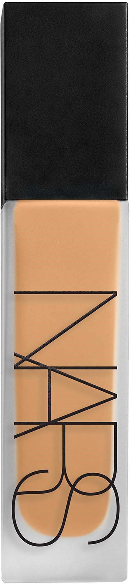 A bottle of NARS foundation with black cap and beige liquid inside.