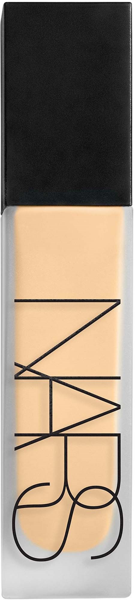 NARS foundation bottle with a black cap and clear body showing light beige liquid.