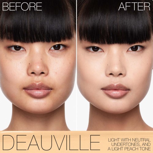 A side-by-side comparison shows a woman's face before and after makeup, with clearer skin in the second image.