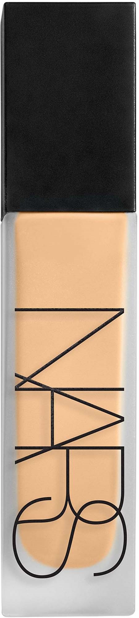 A NARS foundation bottle with black cap and clear body showing beige liquid inside.