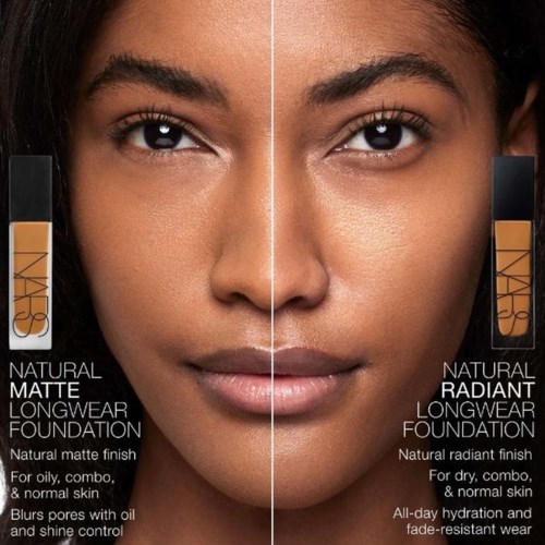 Two foundation bottles are shown, one for matte finish and one for radiant finish, on a person's face.