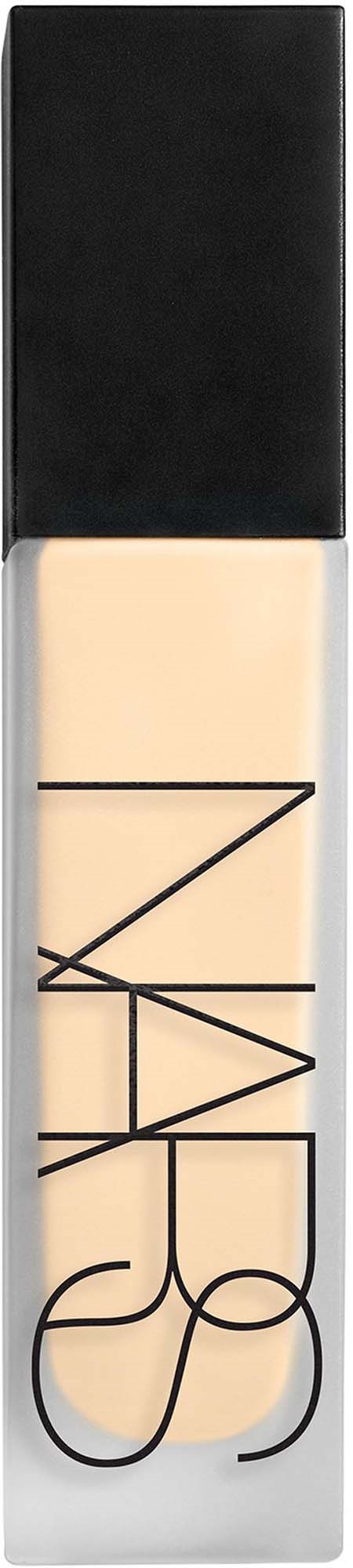 NARS liquid foundation bottle with black cap, clear body, and black logo text.