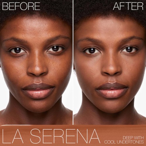 A woman's face before and after skincare, showing smoother and clearer skin in the after image.