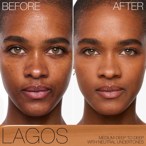 A side-by-side comparison shows a woman's face before and after skincare, with clearer, smoother skin in the after photo.