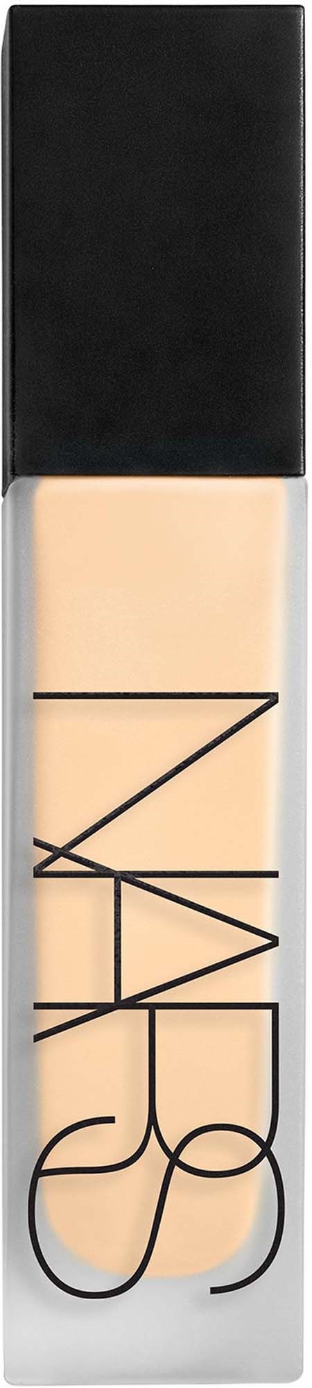 A NARS liquid foundation bottle with a black cap and clear body showing light beige product.