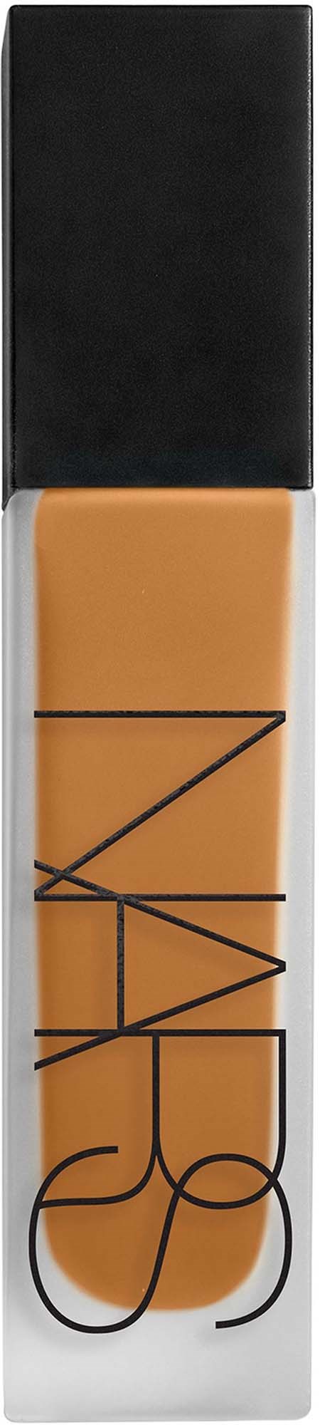 NARS liquid foundation tube with a black cap and clear body showing beige product. Logo appears on the tube.