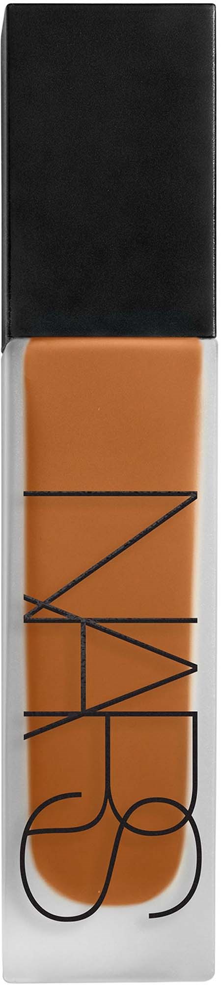 A NARS lip gloss tube with a black cap, clear body, and visible orange-brown gloss inside.