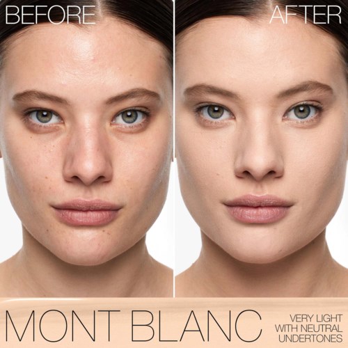 Before and after images show clear skin improvement using Mont Blanc foundation.