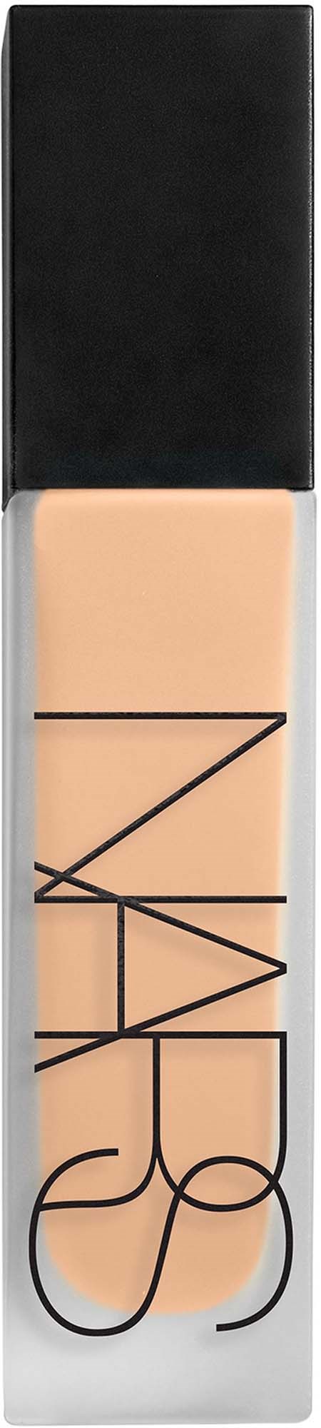 A bottle of NARS liquid foundation with a black cap and beige color. The brand logo is on the bottle.