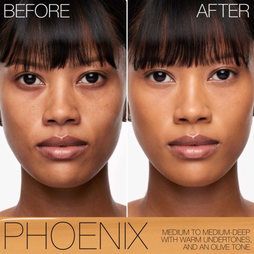 A woman's face before and after makeup, showing differences in skin tone and appearance.