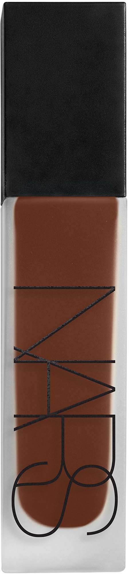 A lipstick tube with a black cap and brown lipstick inside. The brand NARS is written on the tube.