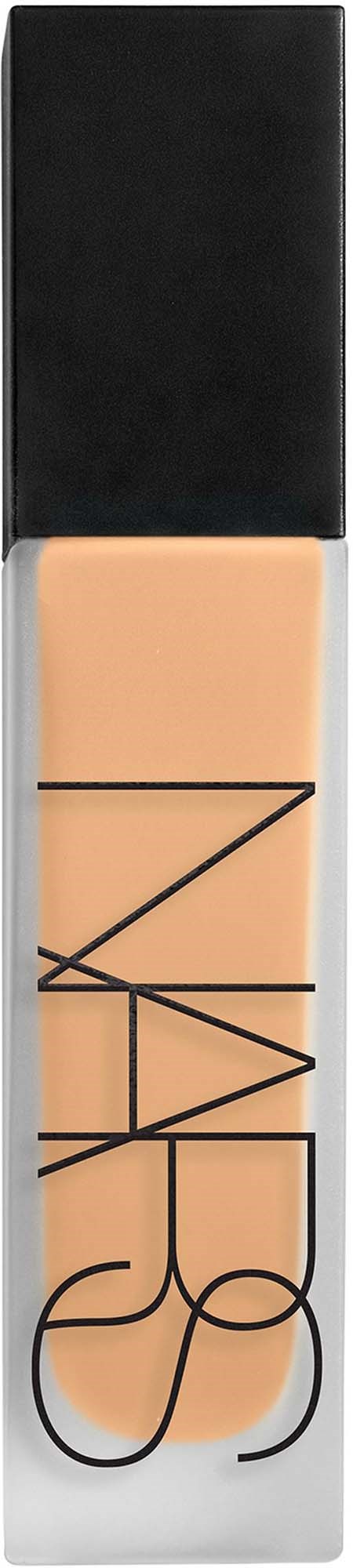 A foundation bottle with a black cap and clear body showing beige liquid inside. The brand NARS is printed on it.