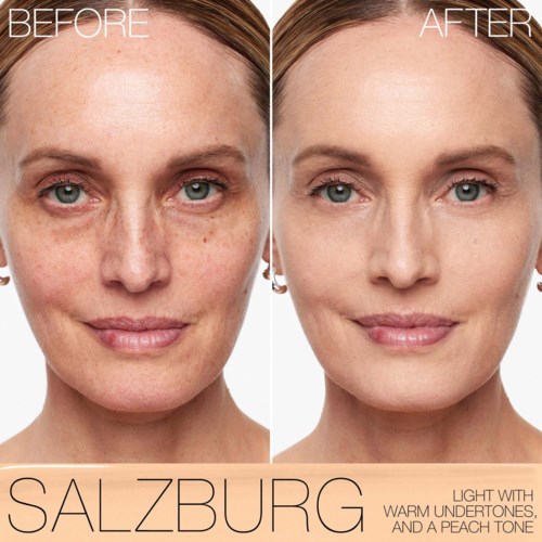 A woman's face before and after skincare, showing clearer skin and a slight smile in the after photo.
