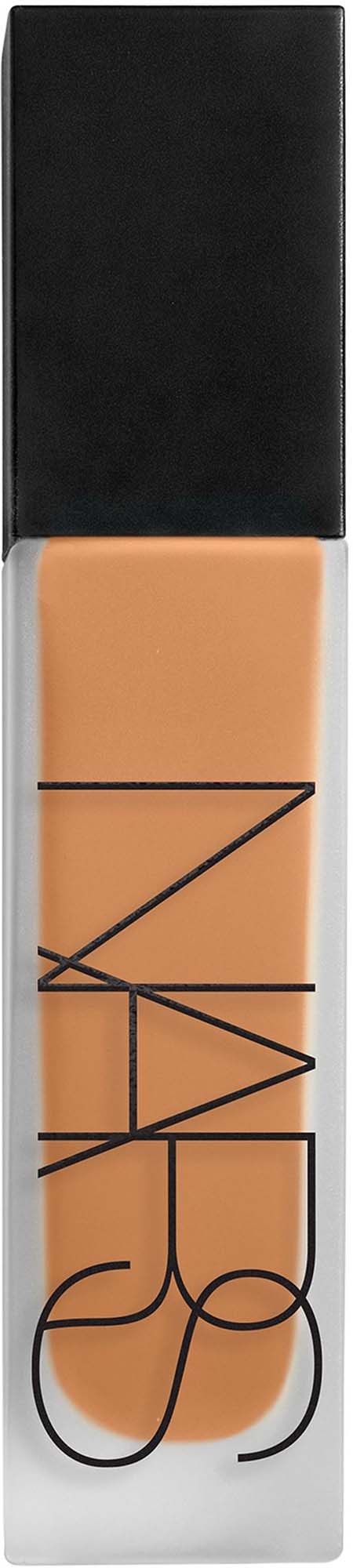 A bottle of NARS liquid foundation with black cap and transparent container showing skin tone.
