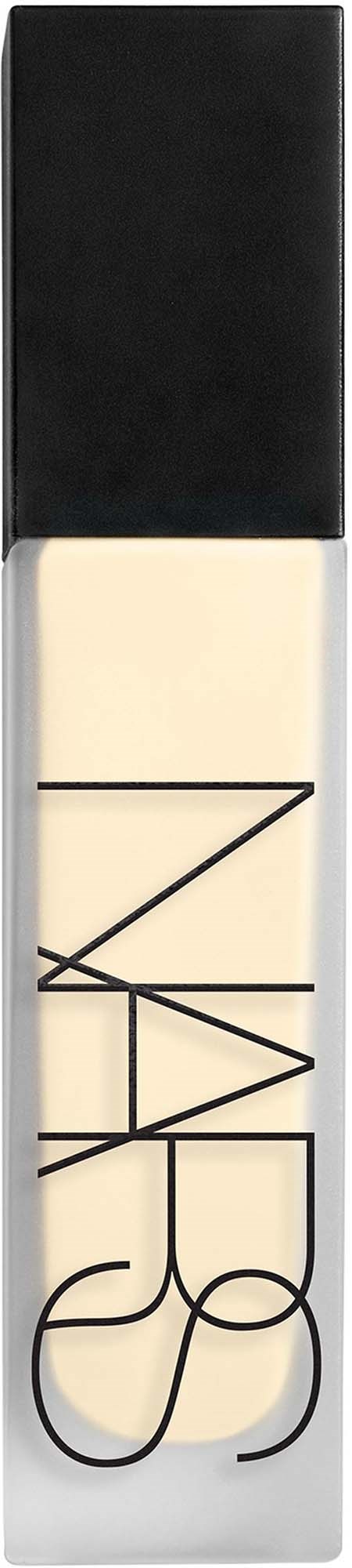 A tube of NARS liquid foundation with a black cap and clear bottle showing the brand name.