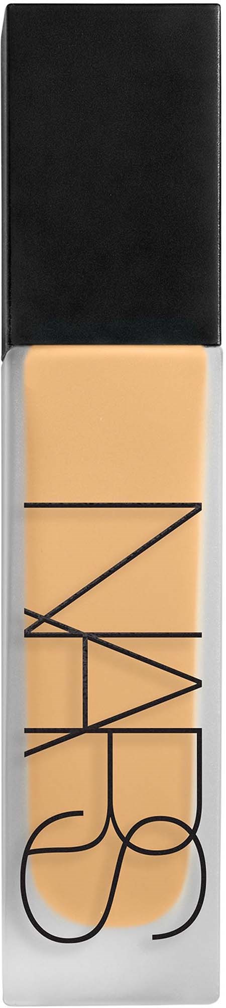 NARS liquid foundation bottle with a black cap and clear body showing beige liquid inside.
