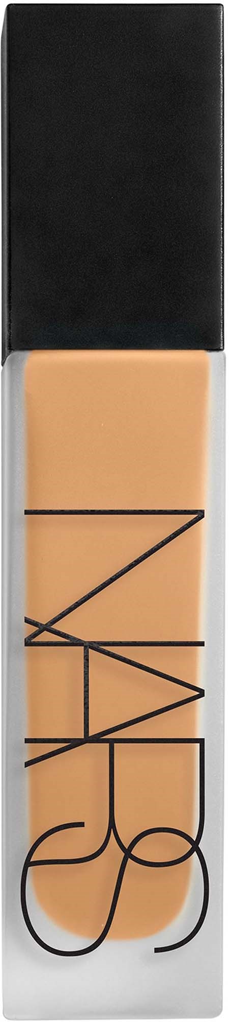 A bottle of NARS foundation with beige liquid and black cap, brand name written vertically on the clear side.