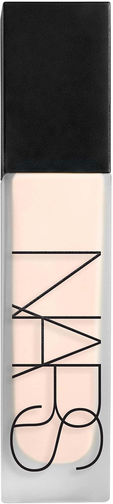A NARS lip gloss tube with a black cap and clear body showing light pink gloss inside.