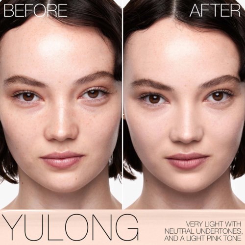A woman shows before and after skin improvement, looking more even and bright, with clearer skin and light pink lips.