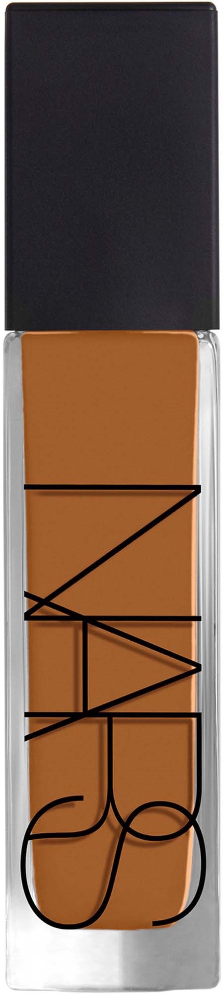 NARS liquid foundation bottle with black cap and transparent body showing beige product, logo printed vertically.