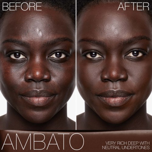 Side-by-side comparison of a woman before and after using Ambato skincare, showing skin improvement and makeup application.