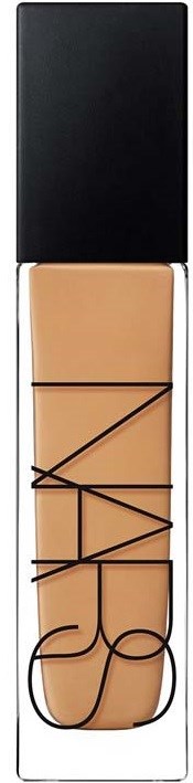 A NARS foundation bottle with beige liquid, black cap, and black brand name on the clear container.