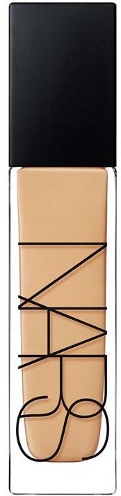 A bottle of NARS liquid foundation in a clear glass container with a black cap, displaying beige makeup inside.
