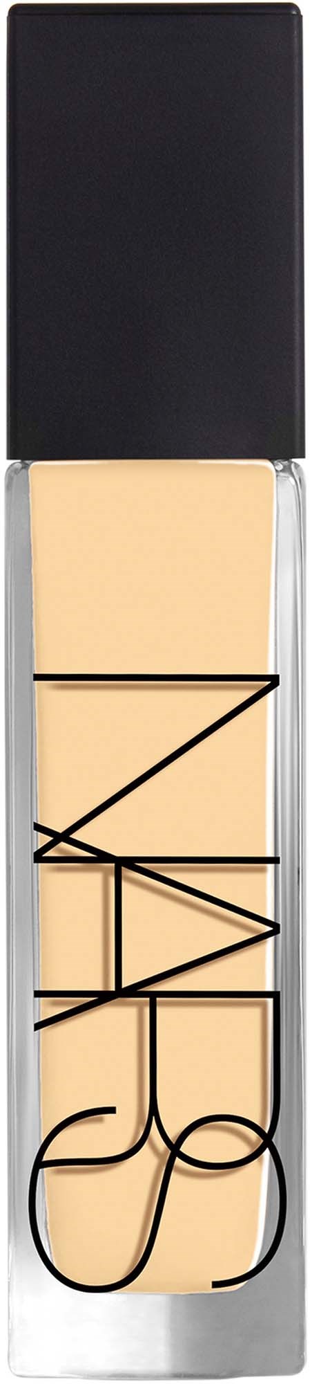 NARS logo on clear glass bottle of liquid highlighter or concealer, with black cap and beige product inside.