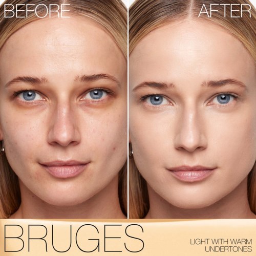 Side-by-side images showing a woman's face before and after skincare, with text highlighting bright, warm undertones and warm undertones.
