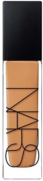 NARS liquid foundation in a clear bottle with black cap, showing beige makeup inside.