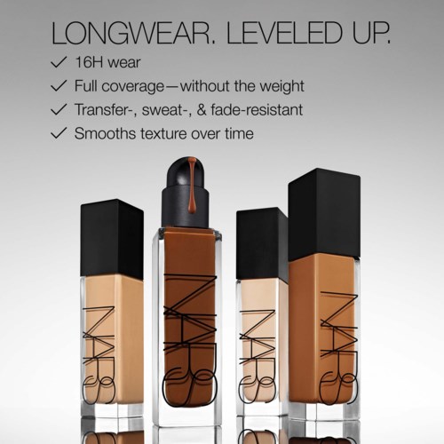 Four NARS liquid foundation bottles with black caps and a gradient of shades from light to dark.