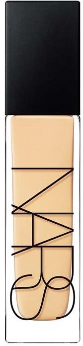 A NARS liquid foundation bottle with a black cap and clear body showing beige makeup inside.