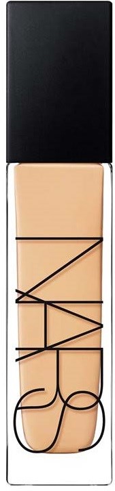 A beige liquid foundation in a transparent bottle with a black cap and NARS logo.