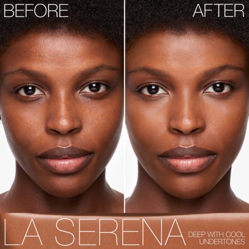 Before and after image showing improvement in skin clarity and smoothness with makeup and skincare.