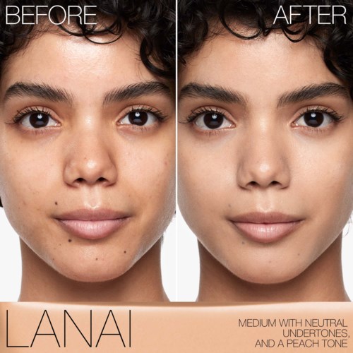 Before and after images showing clear skin, with makeup covering blemishes and evening out skin tone.