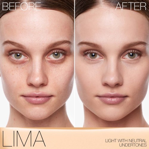 Side-by-side comparison of a woman's face before and after skincare, showing clearer skin and even complexion.