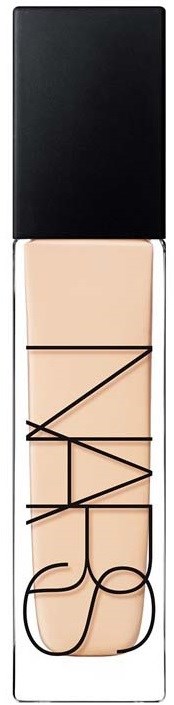 A bottle of NARS liquid foundation with black cap and clear body showing the light beige product.