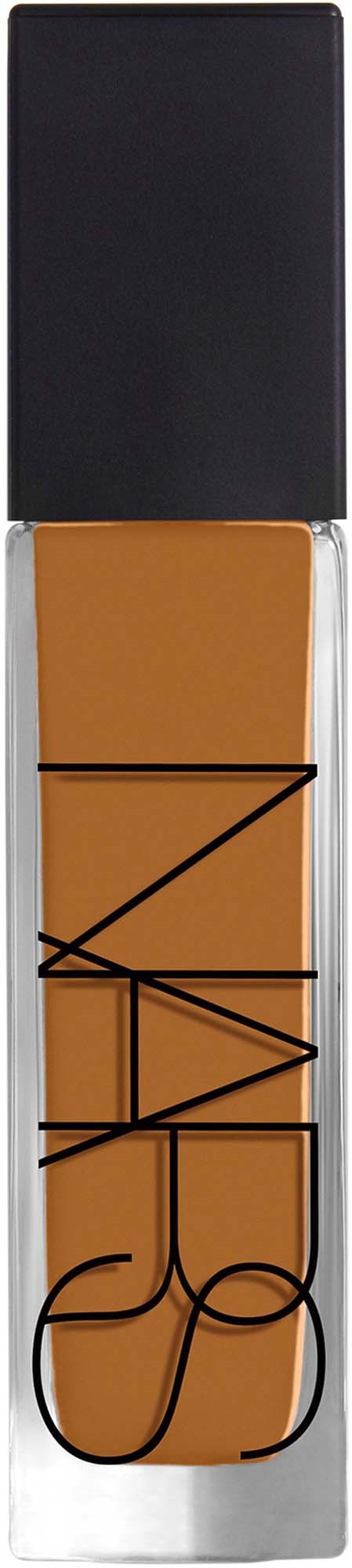 NARS branding on a liquid foundation bottle with a black cap and transparent container showing beige product.