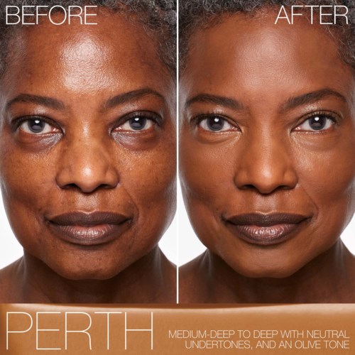 Before and after close-up of a woman's face showing skin improvement, with text highlighting Perth skin care products.