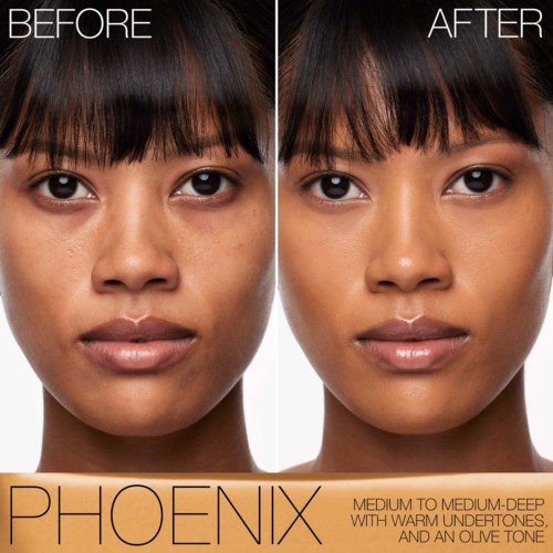 Side-by-side before and after photos of a woman showing clearer skin after using a skincare product. Text reads PHOENIX medium to medium-deep with warm undertones and an olive tone.