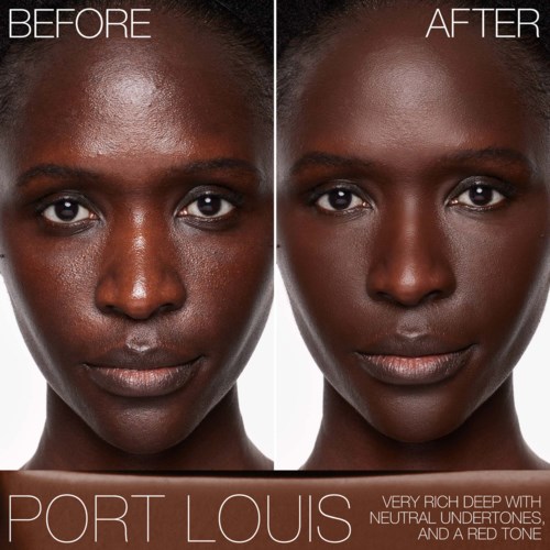 Before and after images showing skin improvement, from oily to smooth, with makeup products used for transformation.