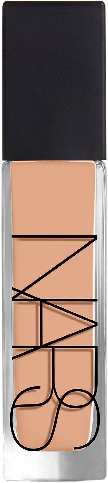 NARS liquid foundation in a clear bottle with black cap, showing beige liquid inside and black logo on the front.