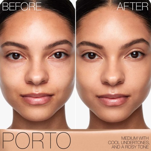 Side-by-side images showing a woman's face before and after skincare, with clear skin improvements and a natural look.