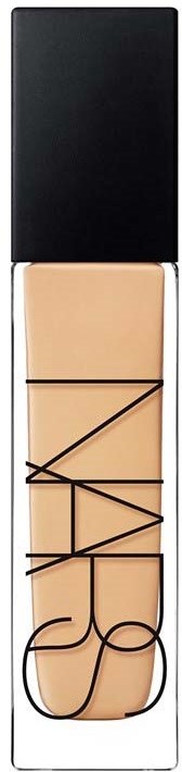 A NARS foundation bottle with a black cap, clear body, and visible beige liquid inside.