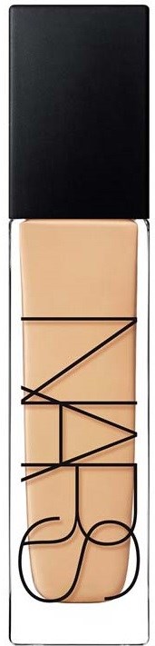 A bottle of NARS liquid foundation with black cap and clear body showing beige product inside.