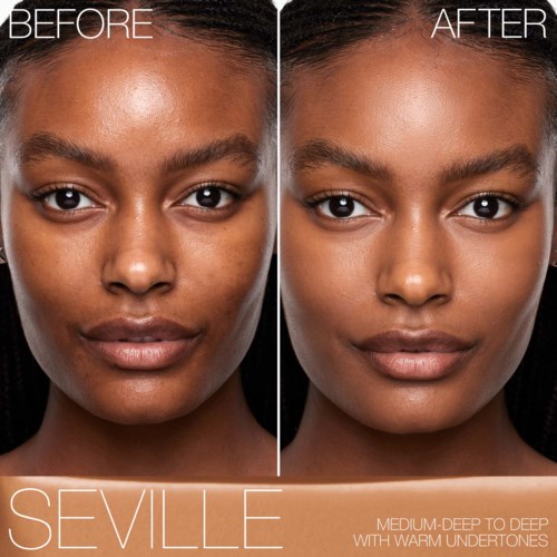 Side-by-side comparison of a woman before and after applying skincare, showing clearer skin and a more even complexion.