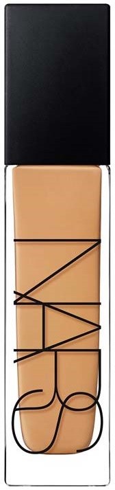 NARS foundation bottle with a black cap and clear body showing the beige liquid inside.