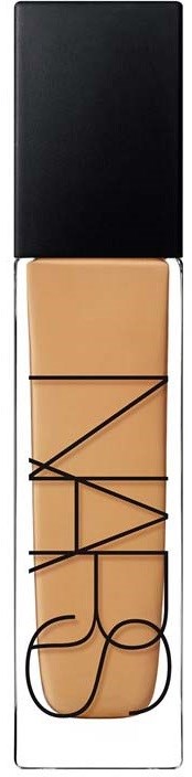 NARS liquid foundation bottle with black cap, transparent container showing beige product, logo on front.